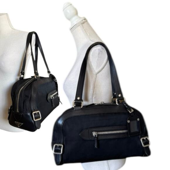 Prada Bauletto Black Nylon Leather Shoulder Bag With Authentication Card - Picture 1 of 16